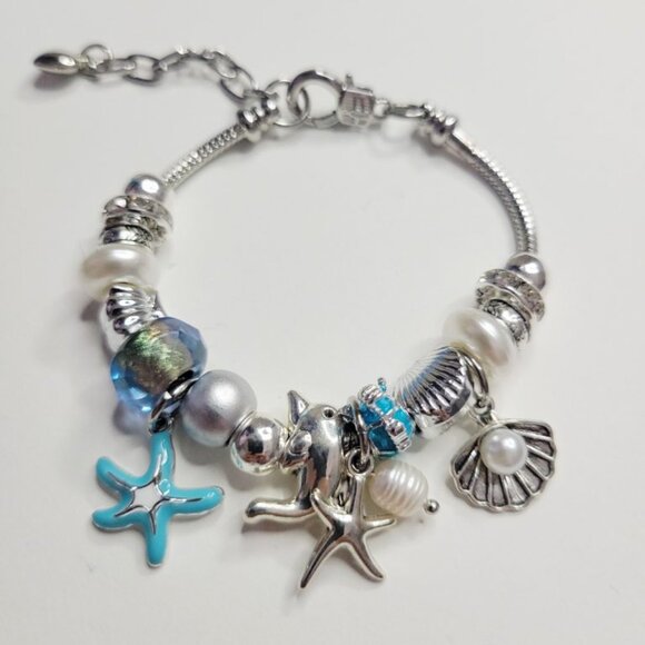 NWT Pandora Style Charm Bracelet Dolphin Starfish Shell Pearl Blue Glass Silver - Picture 2 of 4